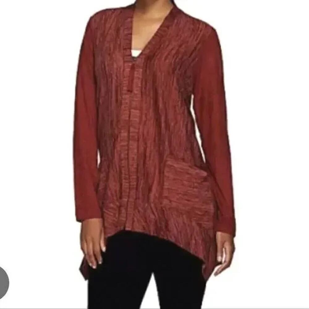 Logo Lori Goldstein Variegated Burgundy V-Neck Zippered Cardigan Women's S